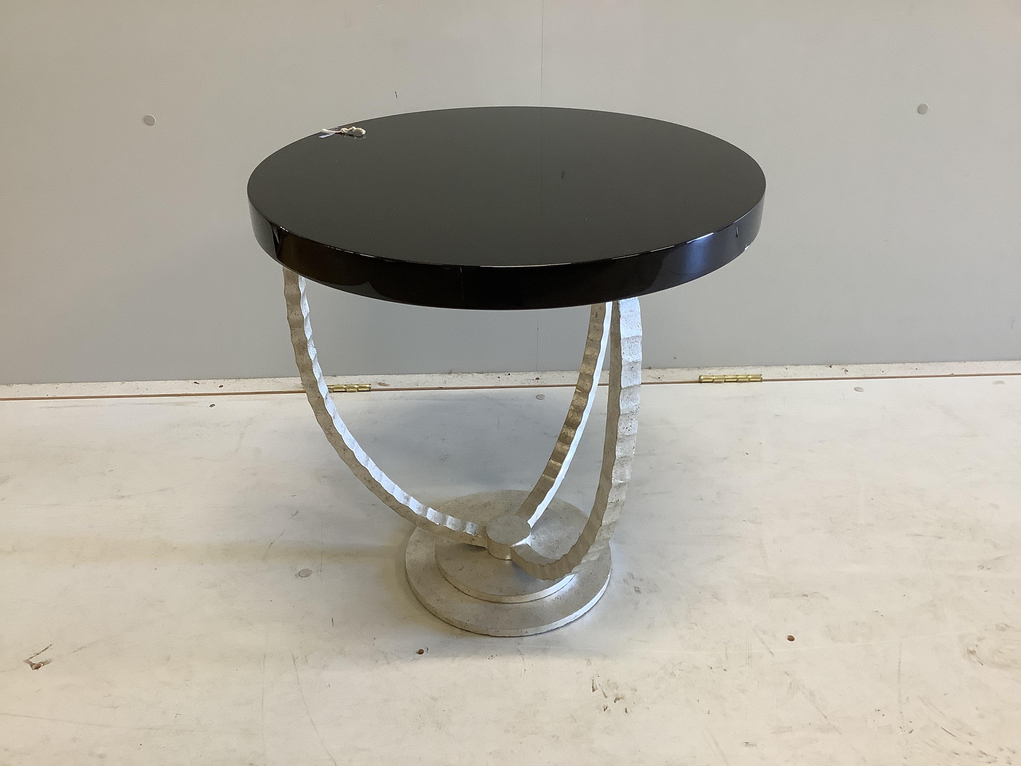 A Porta Romana Trident chestnut gloss/decayed silver side table, diameter 52cm, height 53cm